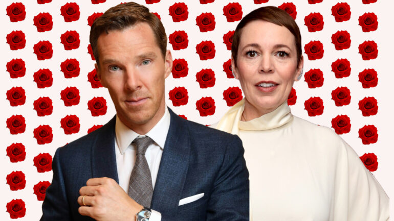 Benedict Cumberbatch and Olivia Colman collage with roses
