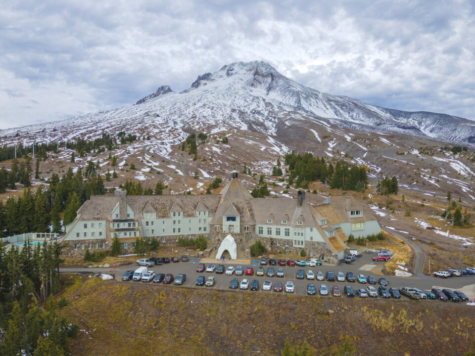 Aerial view of Timberline Lodge with Mount Hood in the background