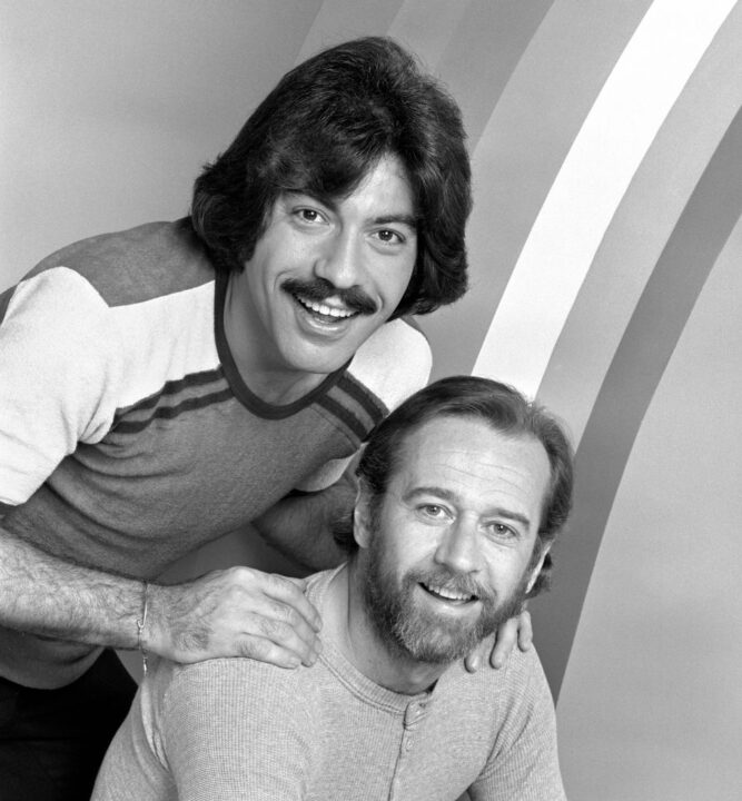 The Tony Orlando and Dawn Rainbow Hour. A CBS television musical variety show. Season premiere episode broadcast September 21, 1976. Pictured from left is host Tony Orlando and cast member comedian George Carlin
