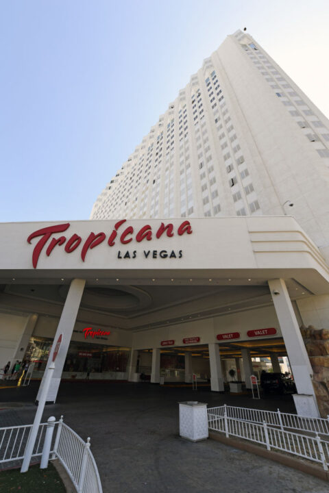 The exterior of the Tropicana Las Vegas is seen on April 13, 2021 in Las Vegas, Nevada. Bally's Corp. has agreed to purchase the Las Vegas Strip property from landlord Gaming and Leisure Properties Inc. in a transaction valued at about $308 million