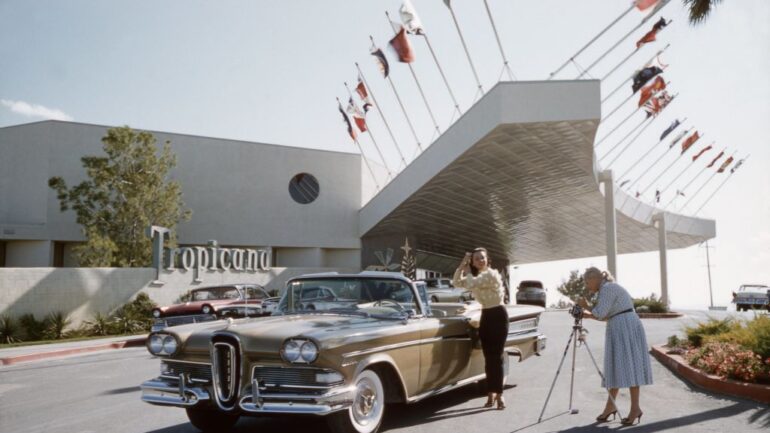 1958: Actress and model Kitty Dolan poses next to a 1958 Ford Edsel Citation outside The Tropicana Hotel in 1958 in Las Vegas, Nevada