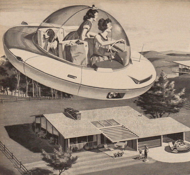 Vintage illustration of an American mother and daughter arriving home from shopping in a futuristic spaceship, 1950s