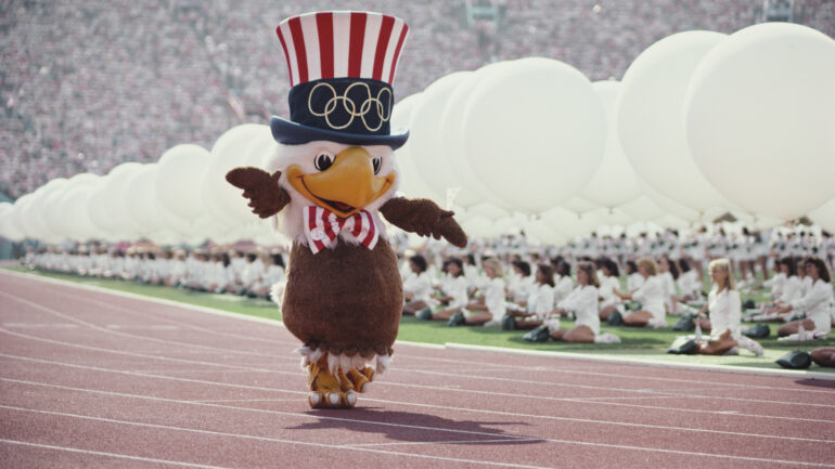 Sam the Olympic Eagle, mascot of the 1984 Summer Olympics during the opening ceremony for the XXIII Olympic Games on 28 July 1984 at the Los Angeles Memorial Coliseum in Los Angeles, California, United States.