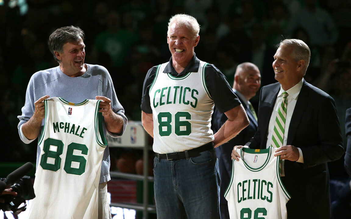 BOSTON, MA - APRIL 13: Members of the Boston Celtics 1986 championship team Kevin McHale, Bill Walton and Danny Ainge are honored at halftime of the game between the Boston Celtics and Miami Heat at TD Garden on April 13, 2016 in Boston, Massachusetts. NOTE TO USER: User expressly acknowledges and agrees that, by downloading and/or using this photograph, user is consenting to the terms and conditions of the Getty Images License Agreement. (Photo by Mike Lawrie/Getty Images)
