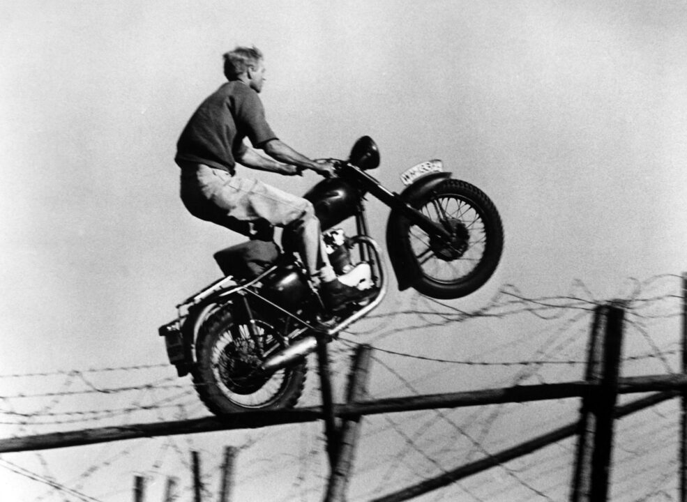 Stuntman Bud Ekins on motorcycle doubling for Steve McQueen in THE GREAT ESCAPE, 1963