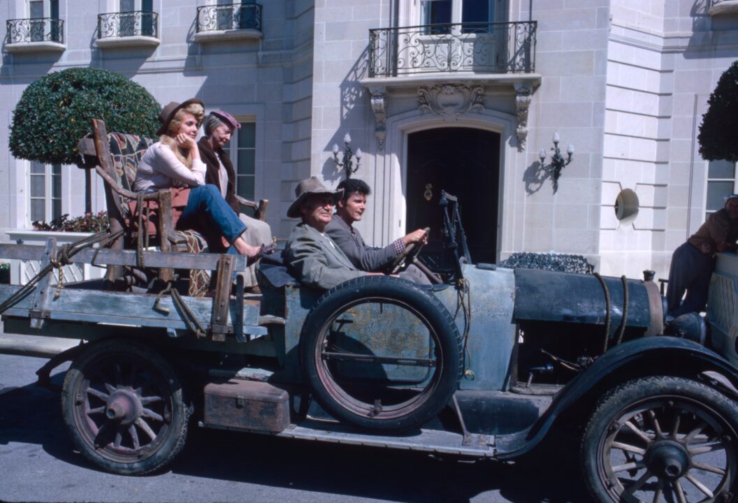 BEVERLY HILLBILLIES, from left: Donna Douglas, Irene Ryan, Buddy Ebsen, Max Baer Jr., at Arnold Kirkeby's Chartwell Mansion in West Los Angeles suburb of Bel Air, which was exterior set for the show, 1962-1971.