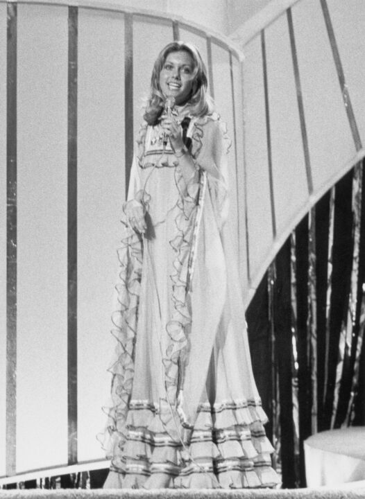 UK contestant Olivia Newton-John performs 'Long Live Love' during the final dress rehearsal for the Eurovision Song Contest at the Dome, Brighton, 6th April 1974. 