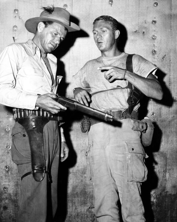 Never So Few from left, Frank Sinatra, Steve McQueen, on-set, 1959