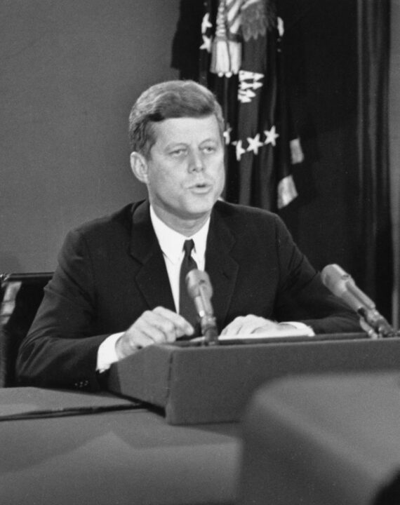 U.S. President John F. Kennedy speaks during a televised speech to the nation about the strategic blockade of Cuba and his warning to the Soviet Union about missile sanctions during the Cuban missile crisis October 24, 1962 in Washington, DC. Former Russian and U.S. officials attending a conference commemorating the 40th anniversary of the missile crisis October 2002 in Cuba said that the world was closer to a nuclear conflict during the 1962 standoff between Cuba and the U.S., than governments were aware of.