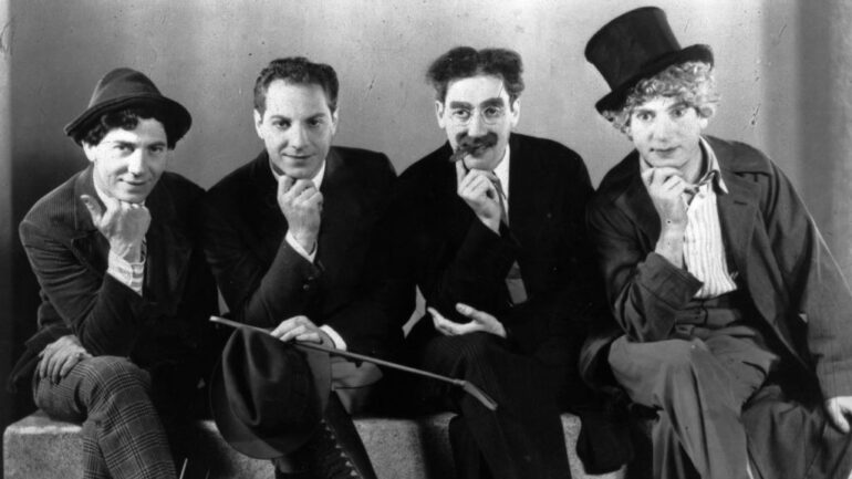 circa 1933: The Marx Brothers, sons of German immigrants to New York. From left, Leonard or Chico ( 1891 - 1961), Herbert or Zeppo (1901 - 1979), Julius Henry or Groucho (1895 - 1977) and Adolf or Harpo (1893 - 1961).