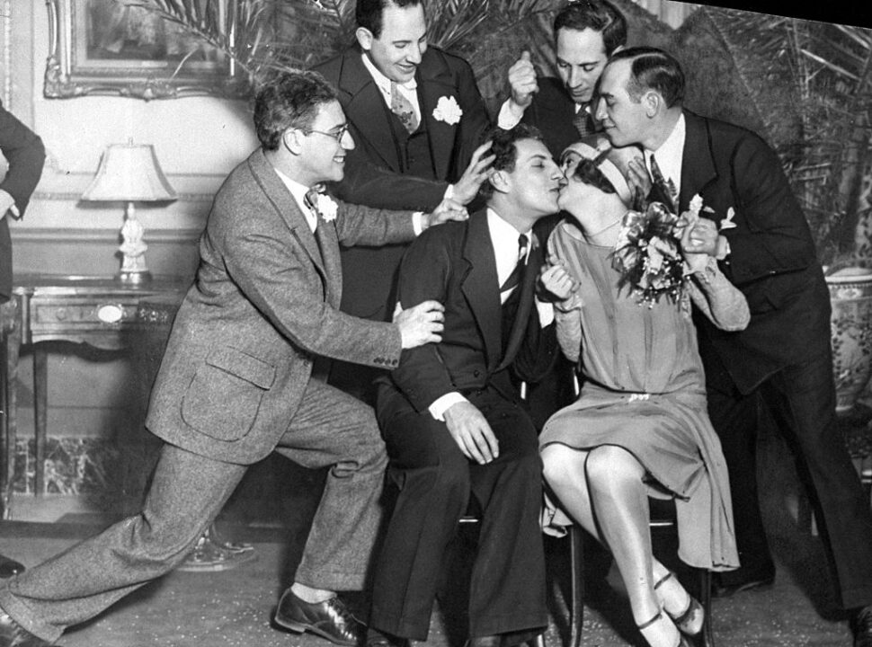 Zeppo Marx and his bride Marion Bender are surrounded by brothers Groucho, Gummo, Harpo, and Chico (l. to r.) after the wedding at the Hotel Chalfonte