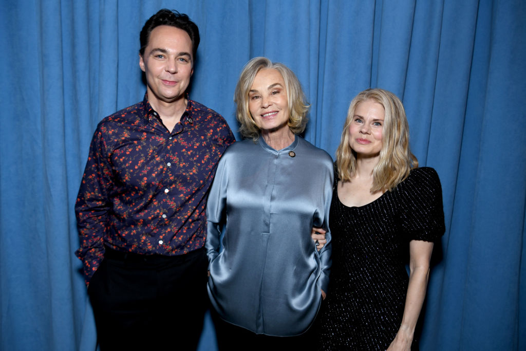 Jim Parsons, Jessica Lange, and Celia Keenan-Bolger attend the 77th Annual Tony Awards Meet The Nominees Press Event at Sofitel New York on May 02, 2024 in New York City