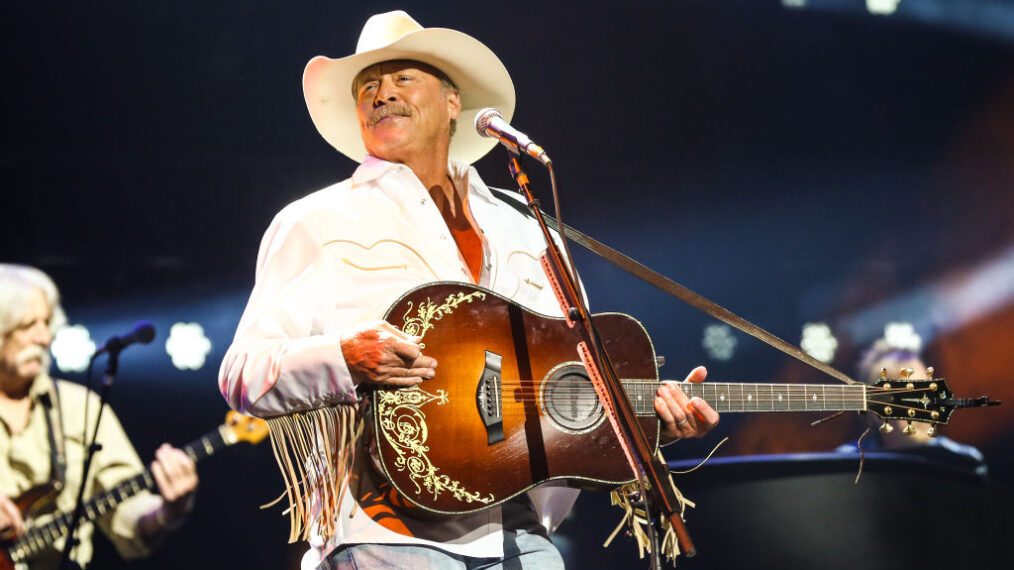 Alan Jackson performs on stage at Bridgestone Arena on October 08, 2021 in Nashville, Tennessee