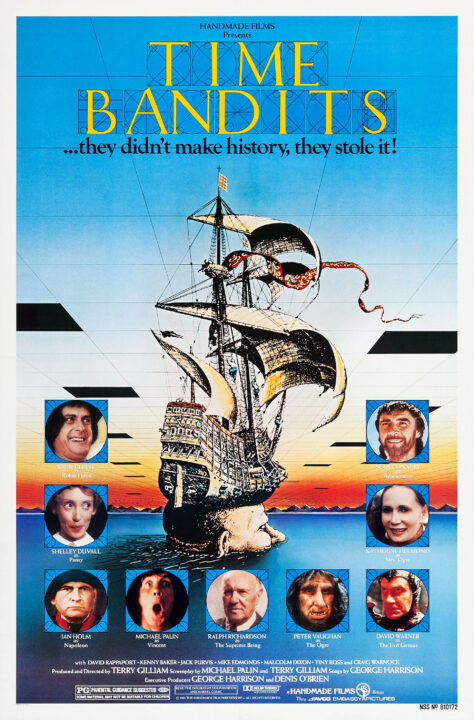 Time Bandits US poster art, from top left: John Cleese, Shelley Duvall, Ian Holm, Michael Palin, Ralph Richardson, Peter Vaughan, David Warner, Katherine Helmond, Sean Connery, 1981