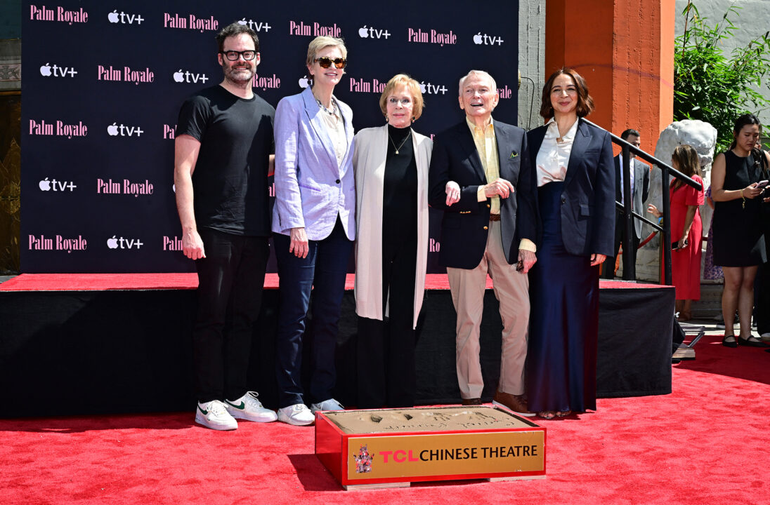 (L to R) Bill Hader, Jane Lynch, Carol Burnett, Bob Mackie and Maya Rudolph attend the Hand and Footprints ceremony for Burnett, 91, in front of the TCL Chinese Theater in Hollywood, California on June 20, 2024. (Photo by Frederic J. BROWN / AFP)