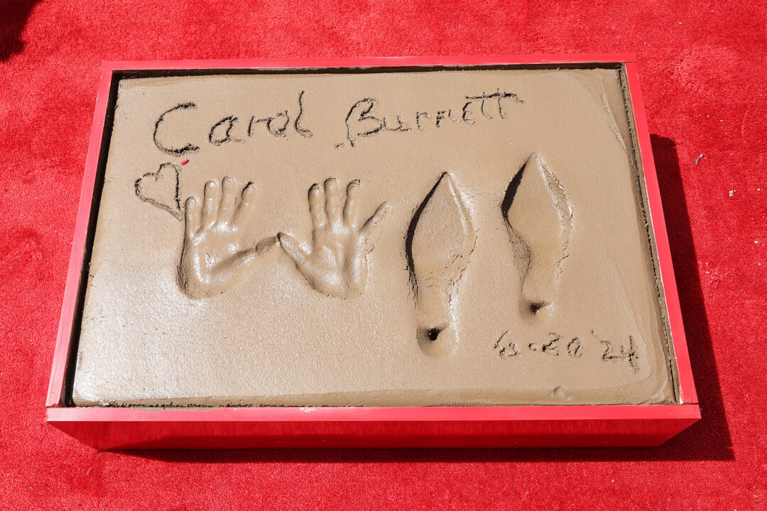 HOLLYWOOD, CALIFORNIA - JUNE 20: A view of Carol Burnett's hand and ootprint in cement at TCL Chinese Theatre on June 20, 2024 in Hollywood, California.