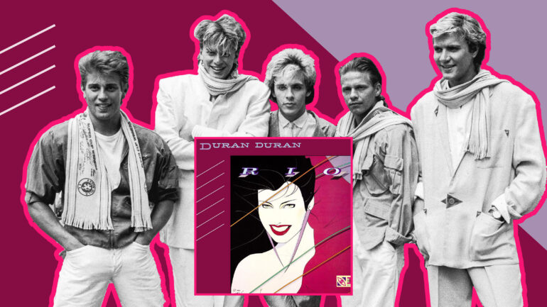 British pop group Duran Duran smile and laugh while posing on a lawn, England, c. 1983. L-R: Brothers Roger and John Taylor, Nick Rhodes, Andy Taylor (unrelated) and Simon Le Bon.