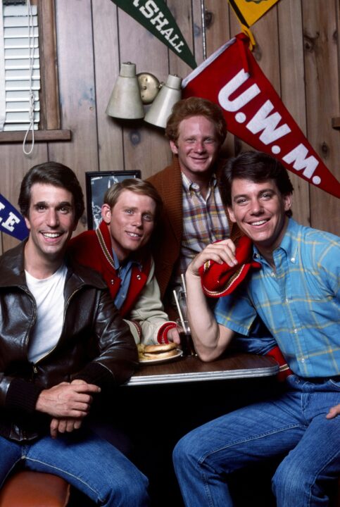 Happy Days from left, Henry Winkler, Ron Howard, Don Most, Anson Williams, 1974-84 (1977 photo)
