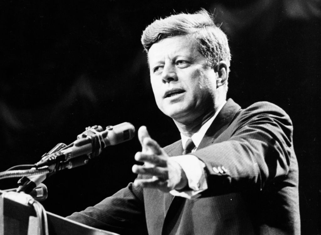 1962: US statesman John F Kennedy, 35th president of the USA, making a speech
