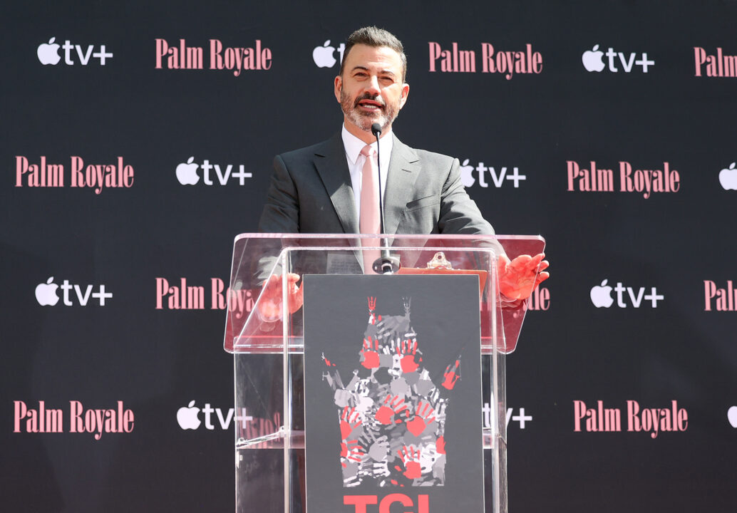 HOLLYWOOD, CALIFORNIA - JUNE 20: Jimmy Kimmel speaks on stage during Carol Burnett's Hand and Footprint in the Cement Ceremony at TCL Chinese Theatre on June 20, 2024 in Hollywood, California.