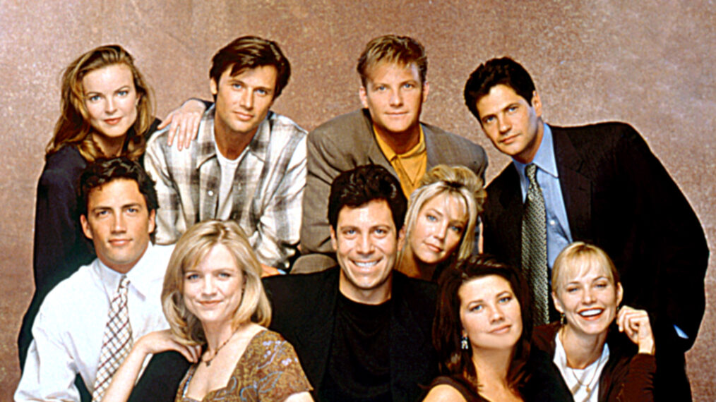 Melrose Place (Back Row, L-R:), Marcia Cross, Grant Show, Doug Savant, Thomas Calabro.(Seated, L-R:), Andrew Shue, Courtney Thorne-Smith, Laura Leighton, (Writer/Producer), Darren Star Daphne Zuniga, Josie Bissett, 1994.