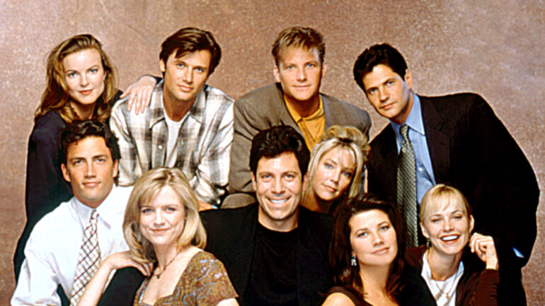 Melrose Place (Back Row, L-R:), Marcia Cross, Grant Show, Doug Savant, Thomas Calabro.(Seated, L-R:), Andrew Shue, Courtney Thorne-Smith, Laura Leighton, (Writer/Producer), Darren Star Daphne Zuniga, Josie Bissett, 1994.
