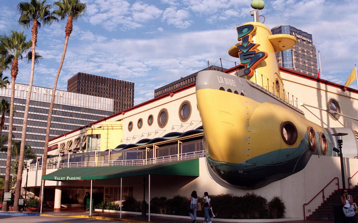 A frontal view of Dive!, a Los Angeles theme restaurant co-owned by film director Steven Spielberg, was built to resemble a submarine both inside and out April 21, 2000 in Century City, Ca. The restaurant has been closed since late 1999 due to financial troubles and will soon face demolition. (Photo by Jason Kirk/Online USA/Getty Images)