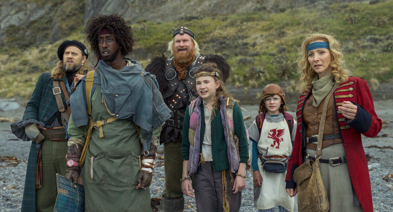 Tadhg Murphy, Roger Jean Nsengiyumva, Rune Temte, Kiera Thompson, Kal-El Tuck and Lisa Kudrow in "Time Bandits," premiering July 24, 2024 on Apple TV+.