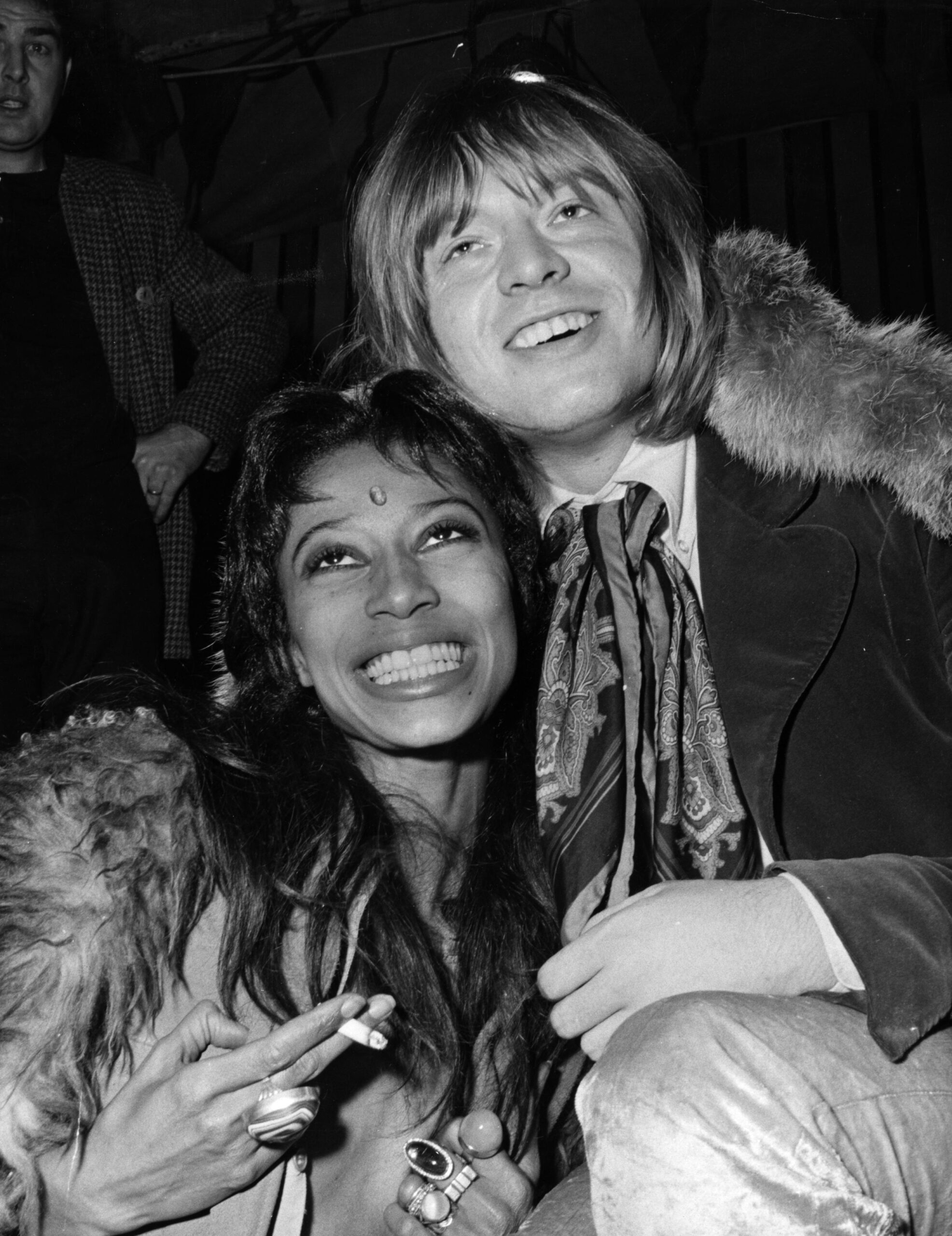 10th December 1968: Brian Jones (1942 - 1969), guitarist with the Rolling Stones, and model Donyale Luna during filming of the television film 'Rolling Stones' Rock 'n' Roll Circus' at Internel Studios in Stonebridge Park, Wembley, London.
