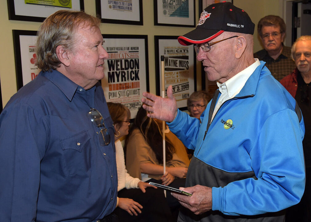 L/R: Songwriters, Buzz Cason and Billy Edd Wheeler backstage after The Country Music Hall of Fame and Museum Honors Songwriter Billy Edd Wheeler during Its Poets & Prophets Series at The Country Music Hall of Fame and Museum on October 18, 2014 in Nashville, Tennessee