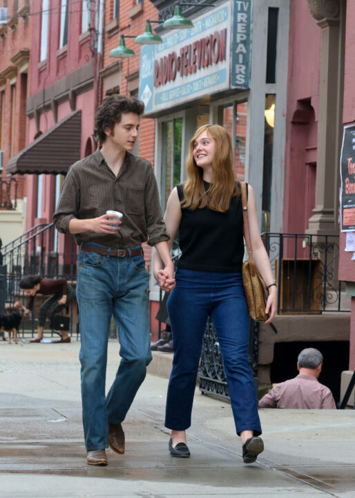 Timothee Chalamet and Elle Fanning are seen on the movie set of the 'A Complete Unknown' on June 11, 2024 in Hoboken, New Jersey