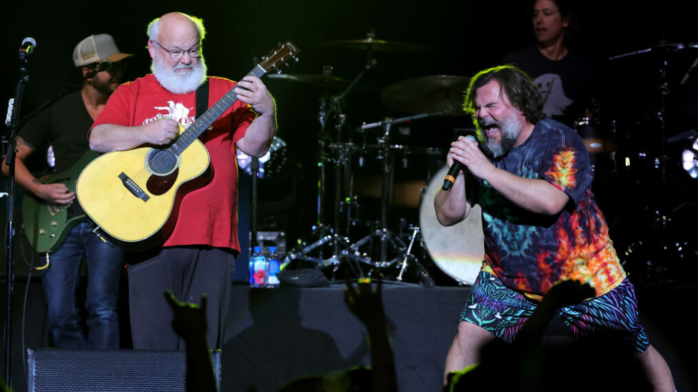 Actors/recording artists Kyle Gass (L) and Jack Black of Tenacious D perform at The Theater at Virgin Hotels Las Vegas on December 30, 2022 in Las Vegas, Nevada