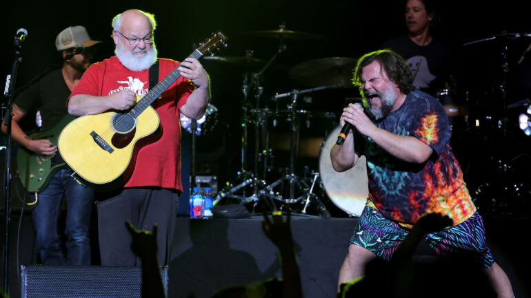 Actors/recording artists Kyle Gass (L) and Jack Black of Tenacious D perform at The Theater at Virgin Hotels Las Vegas on December 30, 2022 in Las Vegas, Nevada