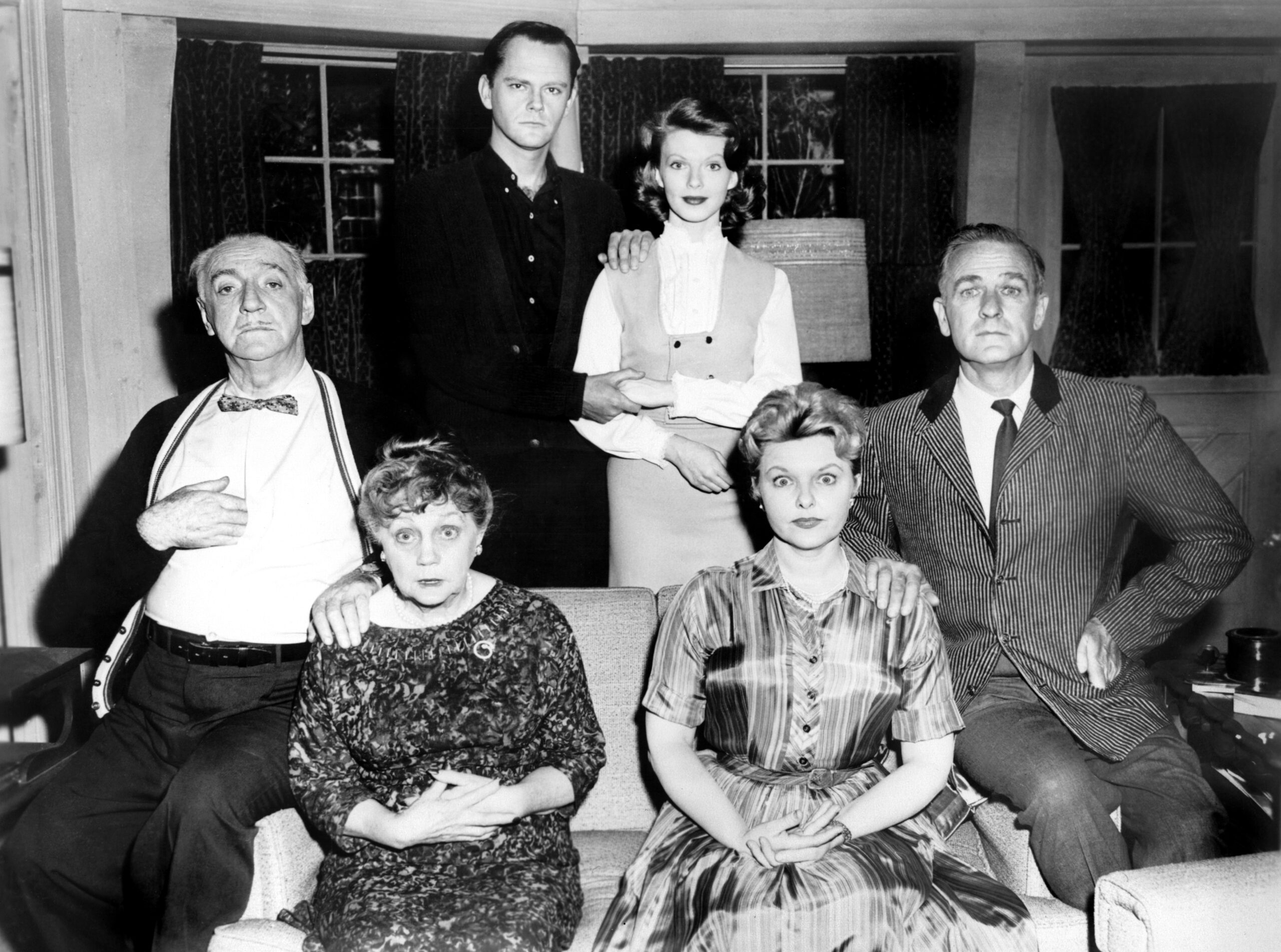 ONE HAPPY FAMILY, (standing, l tor r): Dick Sargent, Jody Warner, (seated): Jack Kirkwood, Cheerio Meredith, Elisabeth Fraser, Chick Chandler, 1961