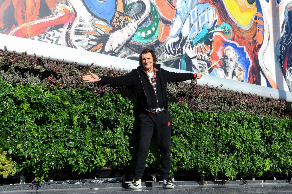 Ronnie Wood attends the unveiling of his new painting of the Rolling Stones at Pump Station @ Westfield on February 01, 2022 in London, England