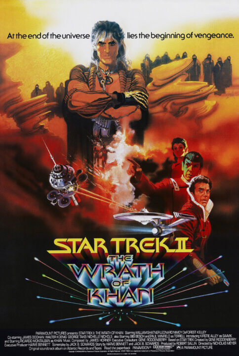 STAR TREK II: THE WRATH OF KHAN, British poster, top: Ricardo Montalban, bottom right from top: Kirstie Alley, Leonard Nimoy, William Shatner, 1982.