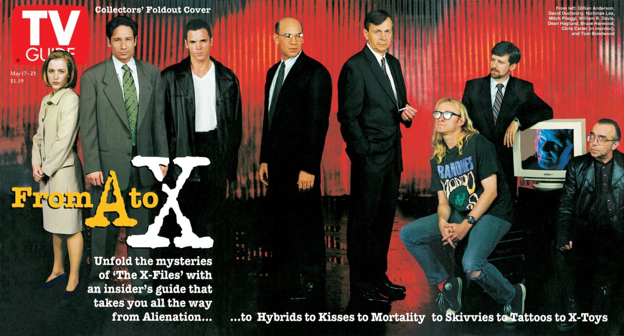 THE X-FILES, from left: Gillian Anderson, David Duchovny, Nicholas Lea, Mitch Pileggi, William B. Davis, Dean Haglund, Bruce Harwood, Tom Braidwood, and series creator Chris Carter (in monitor), TV GUIDE cover, May 17-23, 1997.