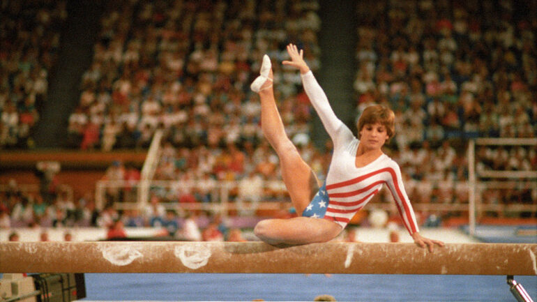 Gymnastics: 1984 Summer Olympics: USA Mary Lou Retton in action on balance beam during Women's All-Around Team competition at Pauley Pavilion. Los Angeles, CA 8/1/1984