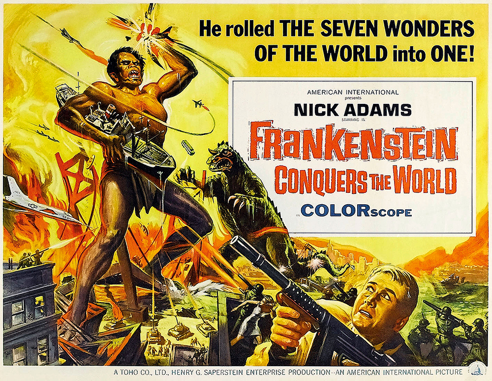Frankenstein Conquers the World U.S. poster art. left: Koji Furuhata (as the giant Frankenstein monster); green monster Baragon in center: Haruo Nakajima; bottom right, with machine gun: Nick Adams; half-sheet poster art, 1965.