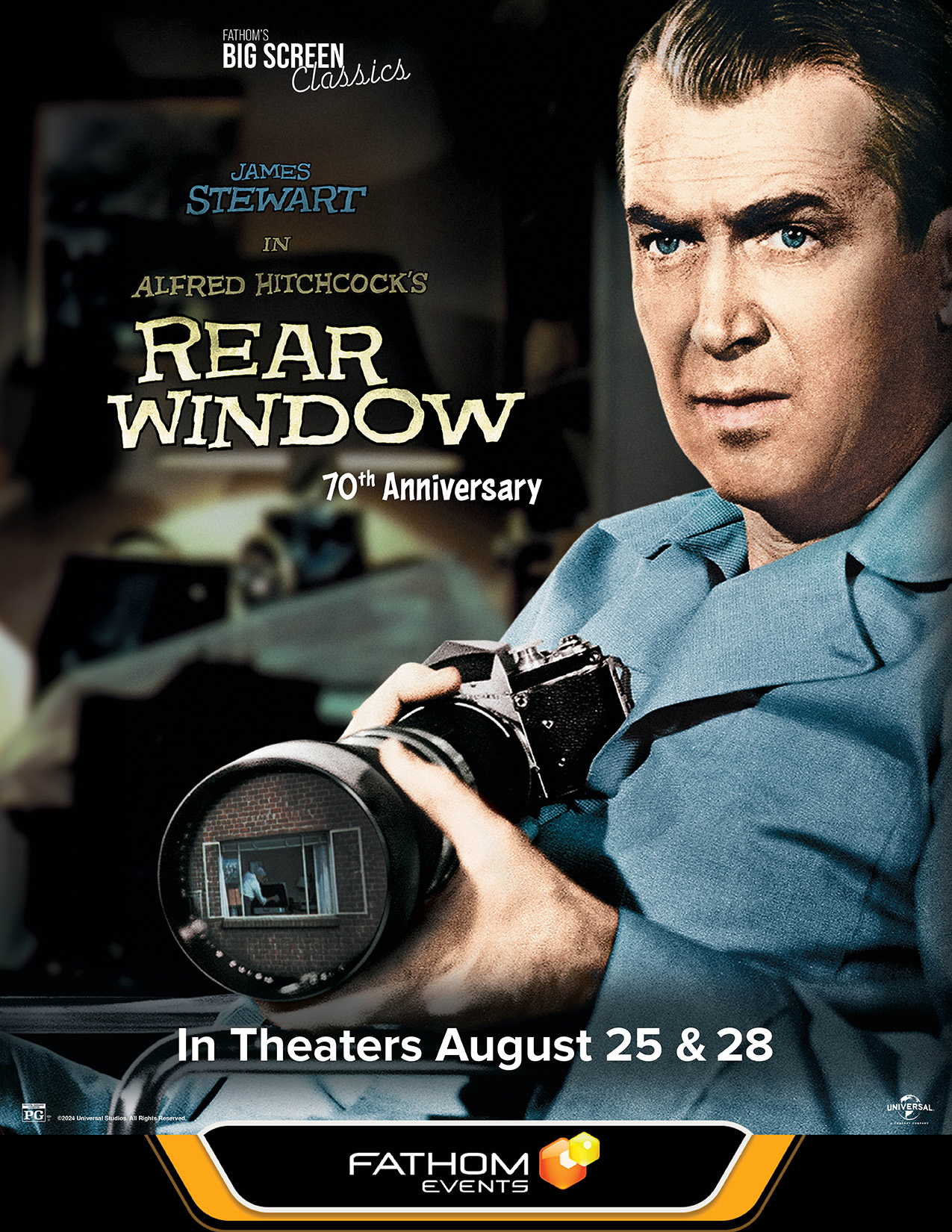 poster for the 2024 theatrical re-release of the 1954 film "Rear Window." It shows star James Stewart in character as a wheelchair-bound man (seated on the right of the poster). He is holding a camera with a long lens on his lap and looking toward the left side of the poster with great concern. On the left is text spelling out the title. At the bottom is the Fathom Events logo; just above that are the dates the movie is being screened: Aug. 25 & 28.