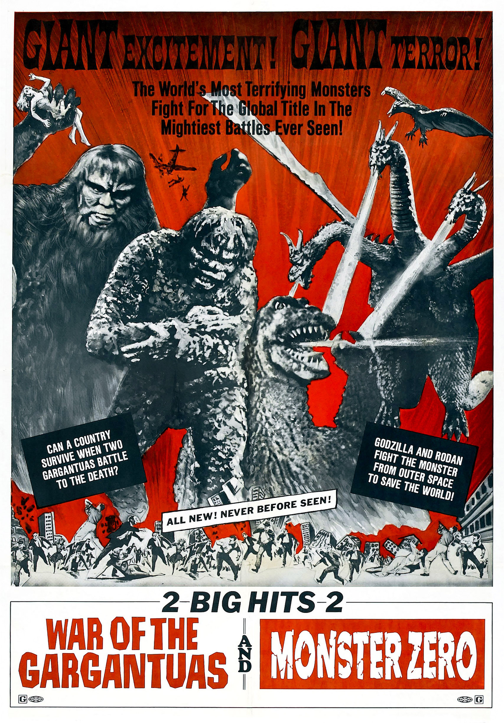 poster of the 1970 American double-bill release of "The War of the Gargantuas," on left of poster, and "Monster Zero," on right. Images of the monsters in both films accompany the titles — the King Kong/Frankenstein-like Gargantuas on left, and Godzilla Rodan and Ghidorah on the right. The titles are listed in large print at the bottom, just beneath other large print that says "2 Big Hits 2"