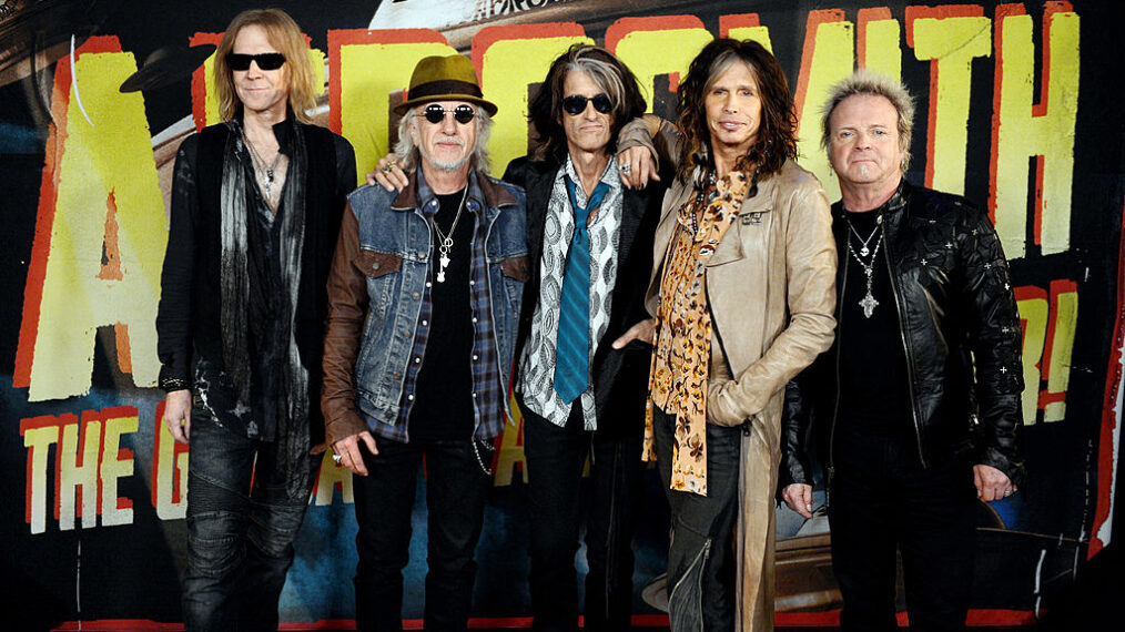 (L-R) Musicians Tom Hamilton, Brad Whitford, Joe Perry, Steven Tyler and Joey Kramer of Aerosmith pose at the press junket to announce their new album