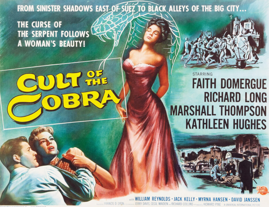 CULT OF THE COBRA, center: Faith Domergue, bottom l-r: Marshall Thompson, Kathleen Hughes on title card, 1955.