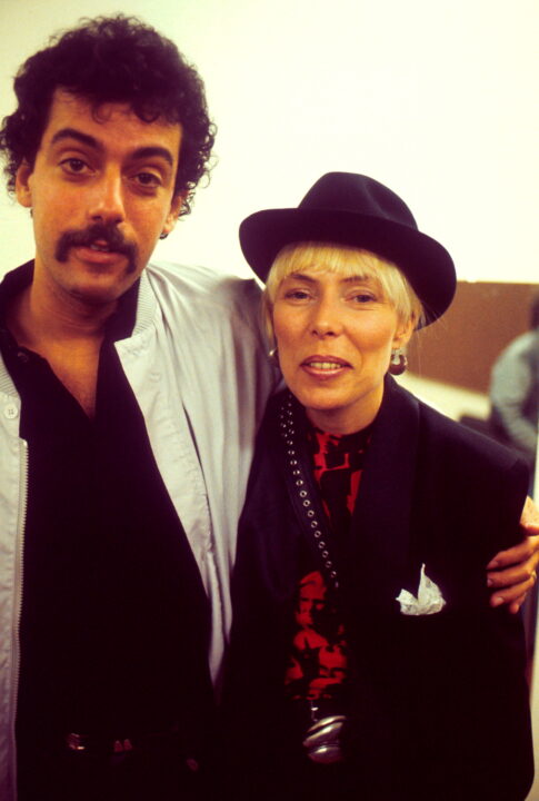 Joni Mitchell backstage with husband Larry Klein at Wembley Arena, London, 23rd April 1983.