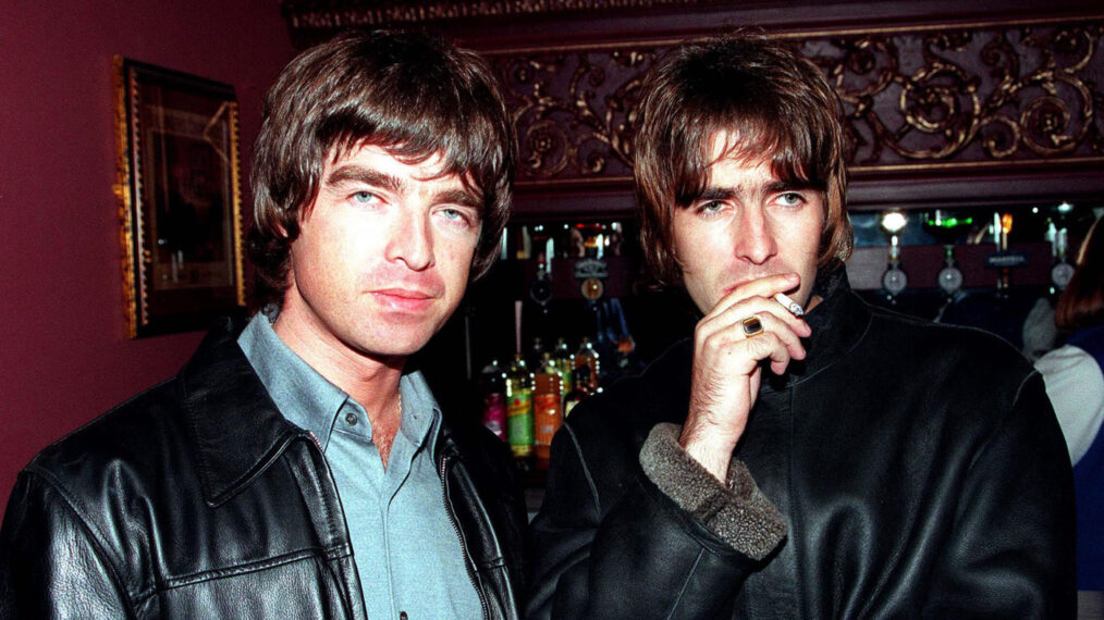 LONDON - 1995: Oasis lead singer Liam Gallagher and brother Noal Gallagher at the opening night of Steve Coogan's comedy show in the West End, London.