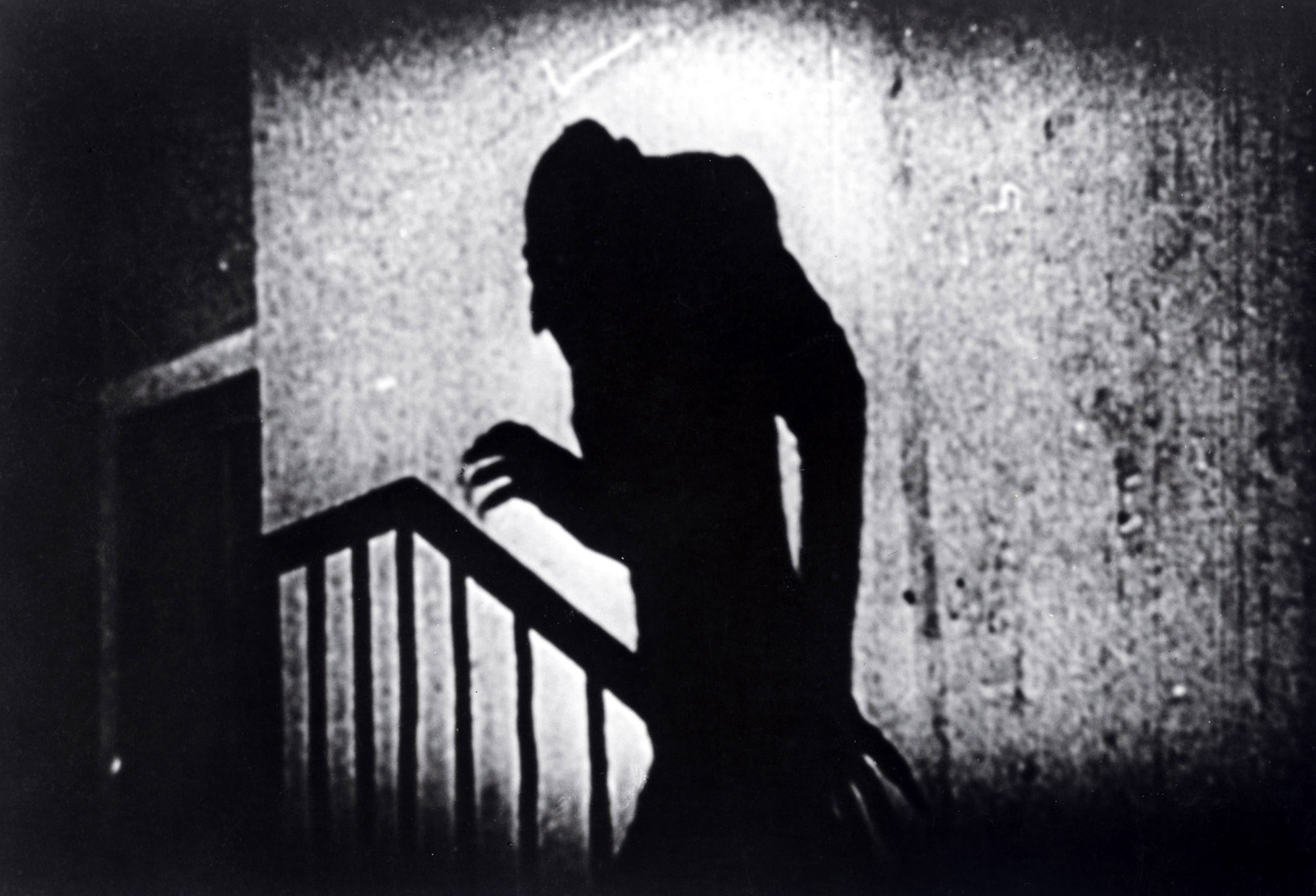 image from the 1922 silent movie "Nosferatu." It shows the shadow of actor Max Schreck as the ratlike vampire Count Orlok ascending a staircase.
