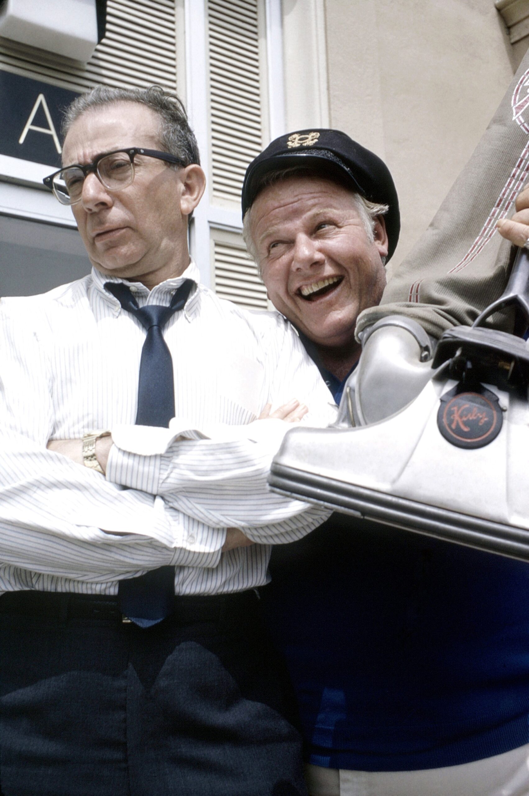 GILLIGAN'S ISLAND, from left, writer and producer Sherwood Schwartz, Alan Hale, Jr., clowning around on-set, 1966. n