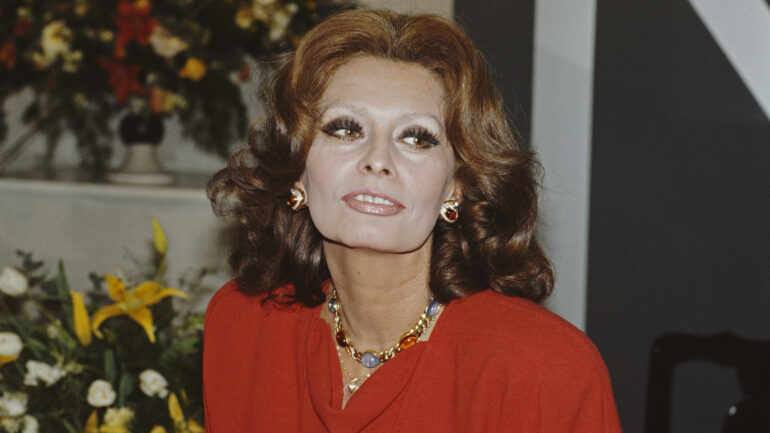 Italian actress Sophia Loren in London to promote her book 'Women & Beauty', 1986