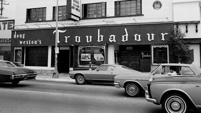 Daylight exterior view of The Troubadour, West Hollywood, CA 1975