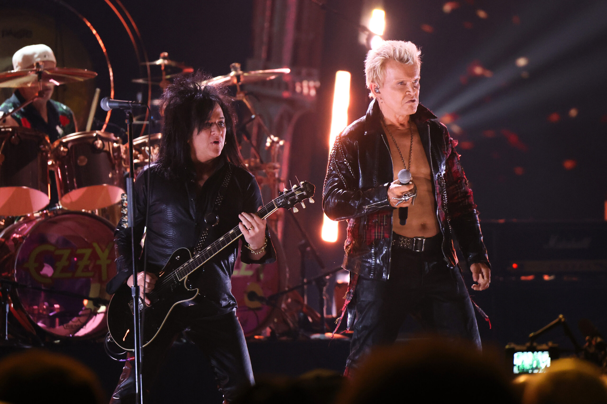 CLEVELAND, OHIO - OCTOBER 19: (L-R) Chad Smith, Steve Stevens, and Billy Idol perform onstage during the 2024 Rock & Roll Hall of Fame Induction Ceremony streaming on Disney+ at Rocket Mortgage Fieldhouse on October 19, 2024 in Cleveland, Ohio.